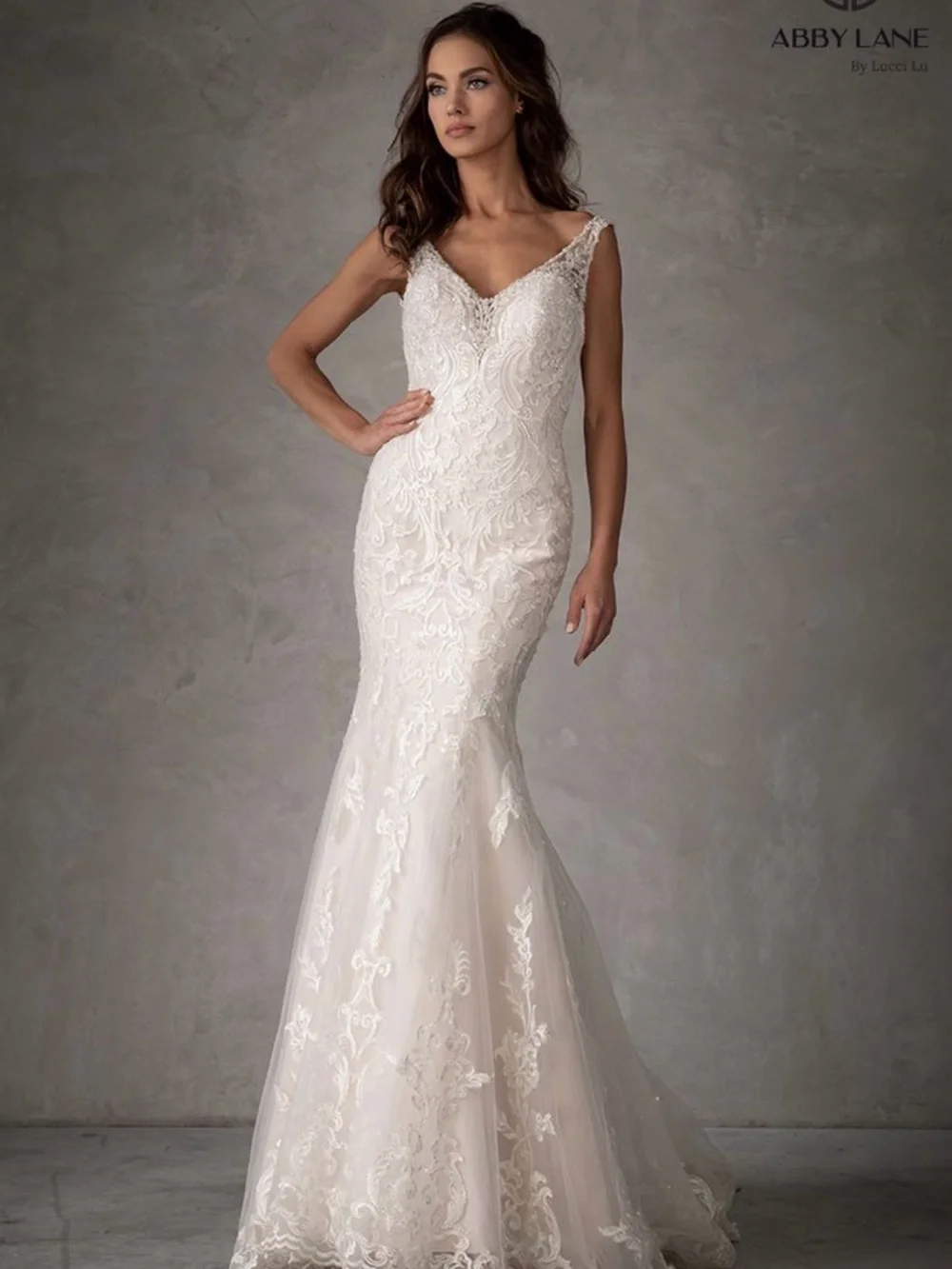 Ivory-Champagne V-Neck Lace Mermaid Wedding Dress - Picture 1 of 12